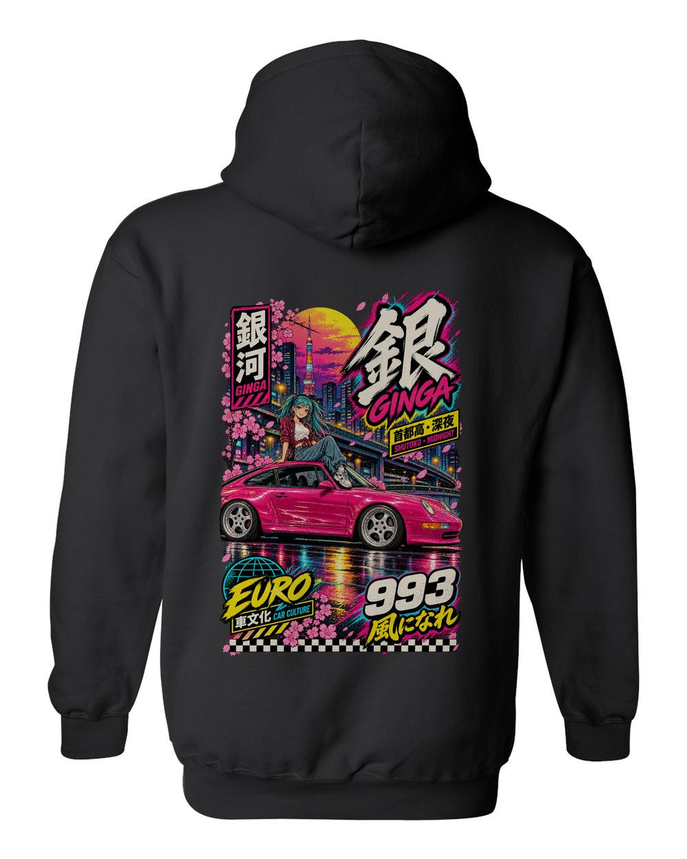 GINGA 993 full-back artwork black pull over hoodie back view with the design