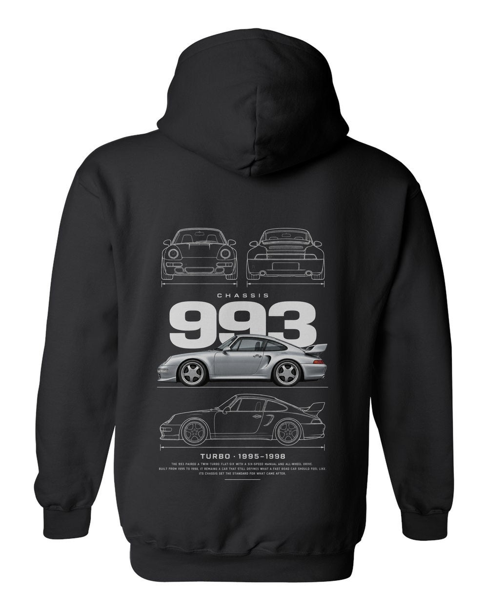 993 full-back artwork black pull over hoodie back view with the design