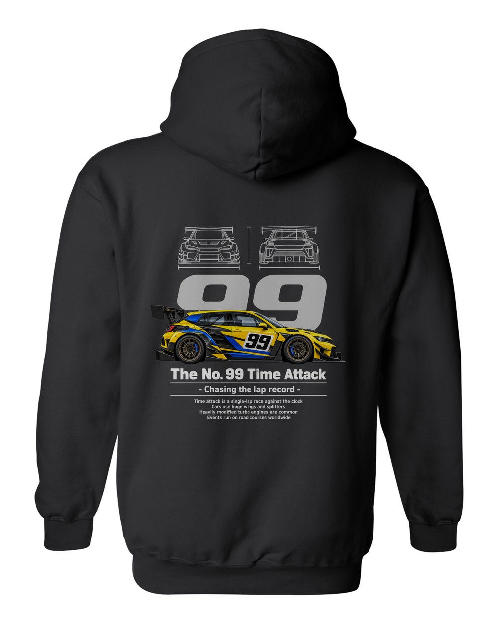 No. 99 Time Attack black pull over hoodie back view with the design