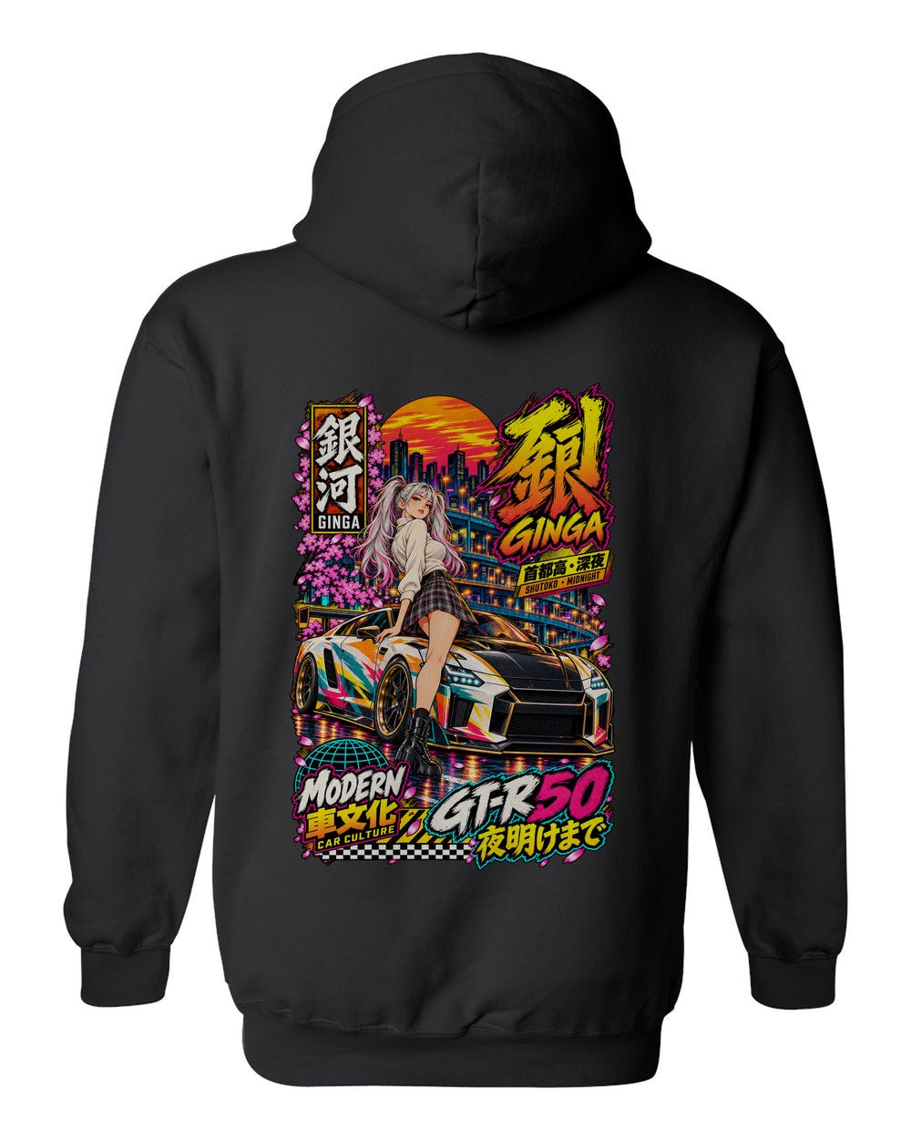 GINGA GT-R50 full-back artwork black pull over hoodie back view with the design
