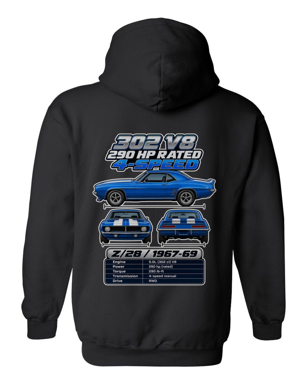 Chevrolet Camaro Z28 1967 spec sheet black pull over hoodie back view with the design