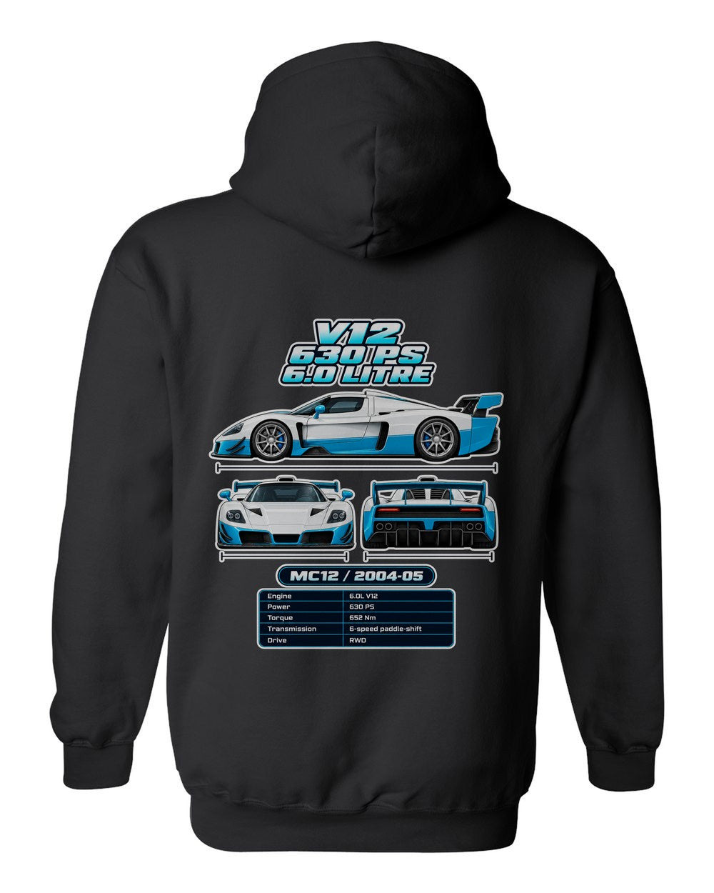 Maserati Mc12 spec sheet black pull over hoodie back view with the design