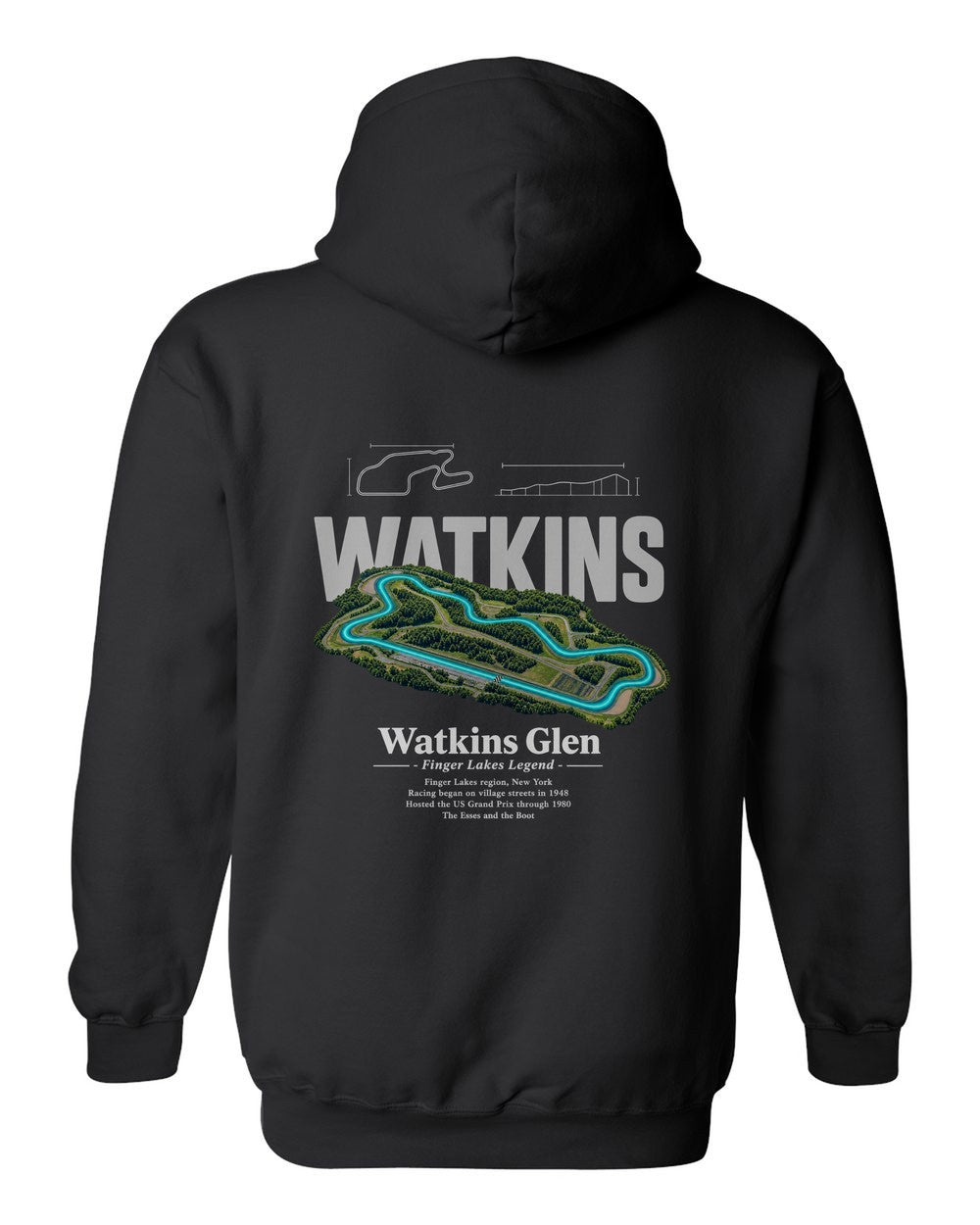 Watkins Glen black pull over hoodie back view with the design