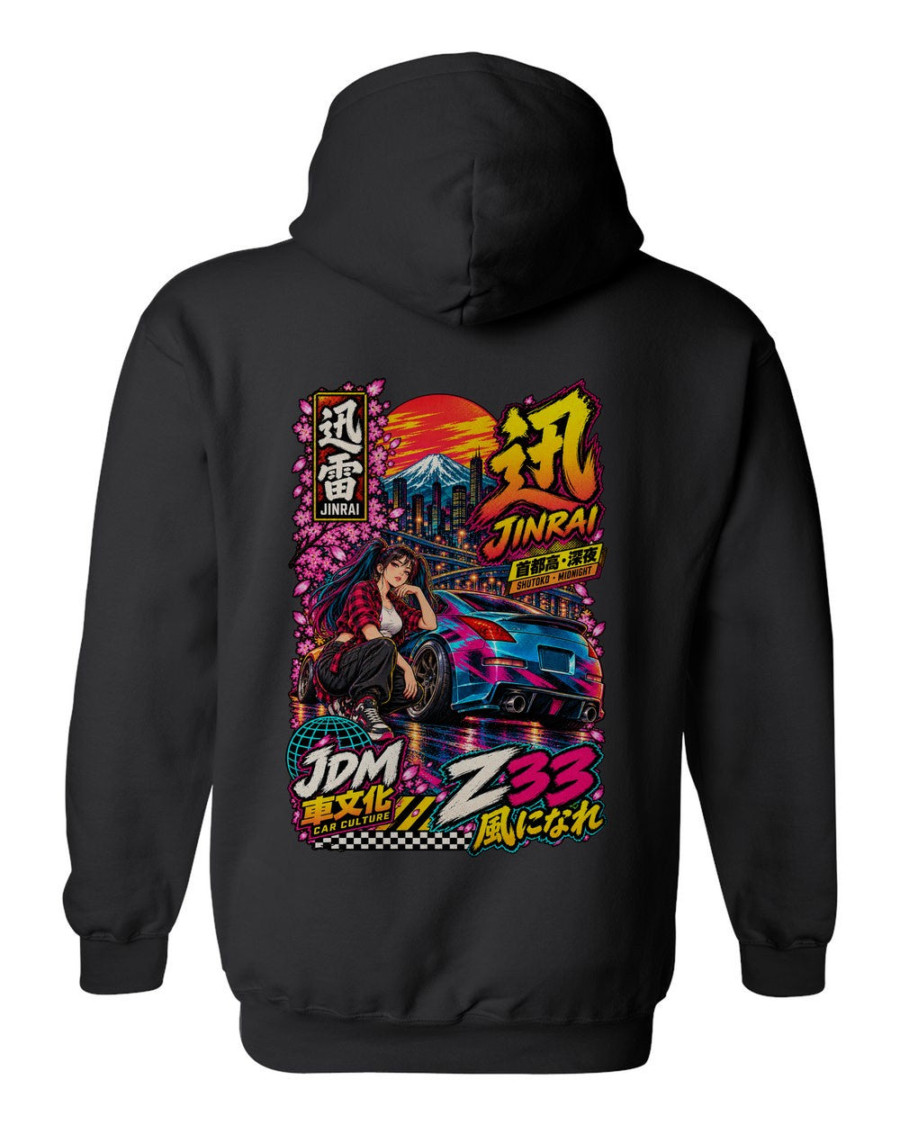 JINRAI Z33 full-back artwork black pull over hoodie back view with the design