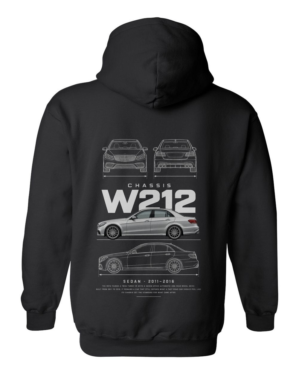 W212 full-back artwork black pull over hoodie back view with the design