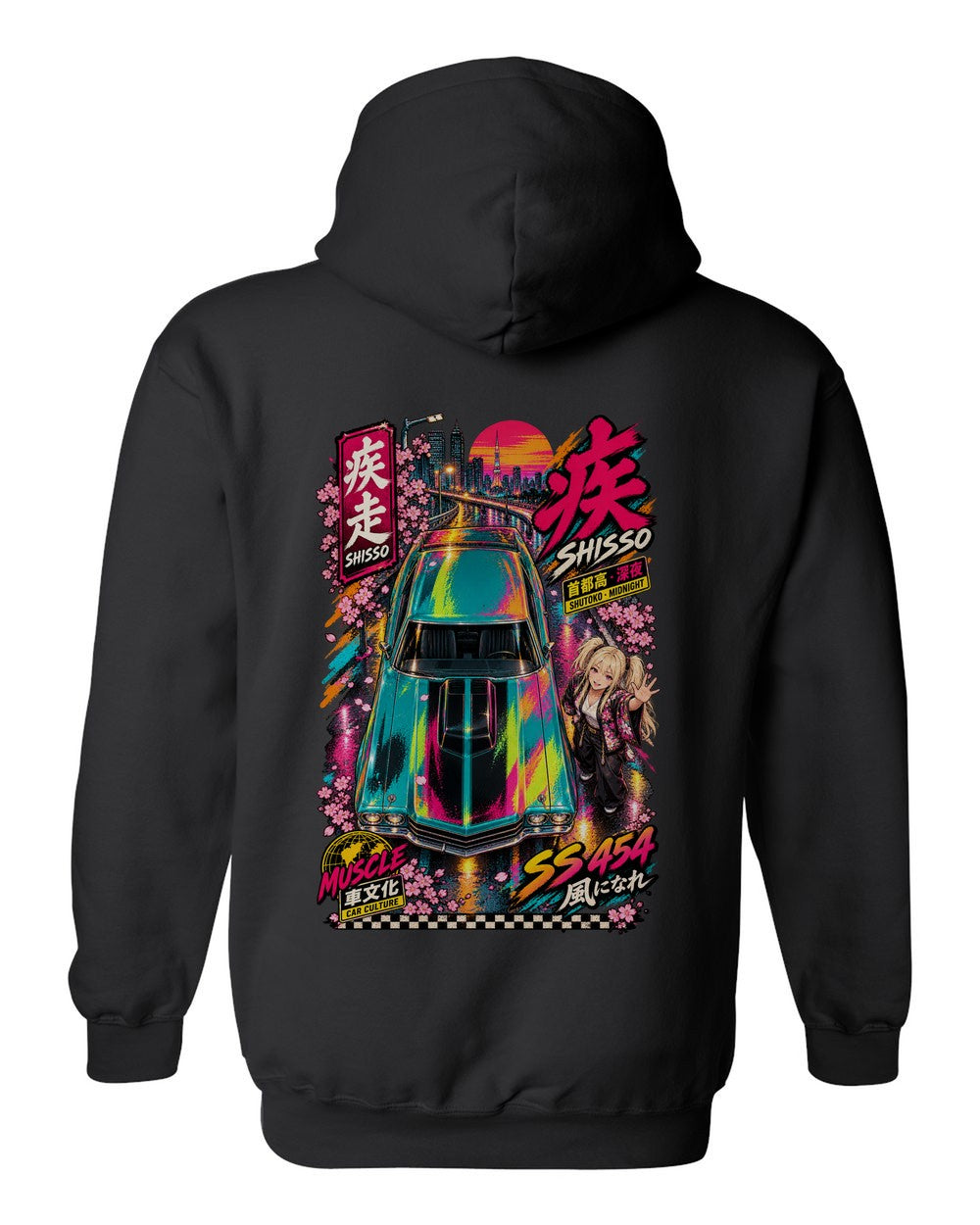 SHISSO SS 454 full-back artwork black pull over hoodie back view with the design