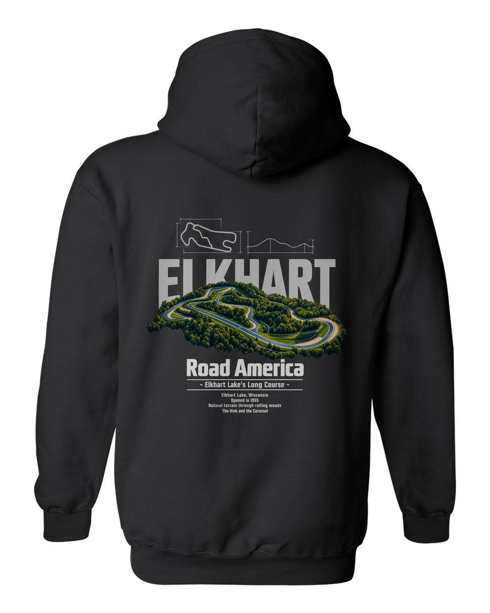 Road America black pull over hoodie back view with the design