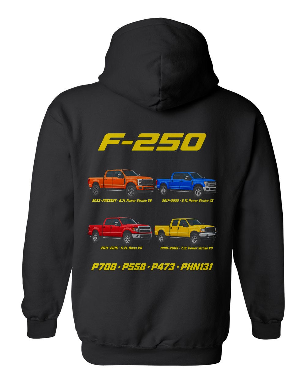 Ford F-250 Super Duty evolution poster black pull over hoodie back view with the design