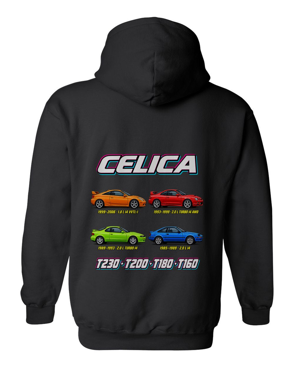 Toyota Celica evolution poster black pull over hoodie back view with the design