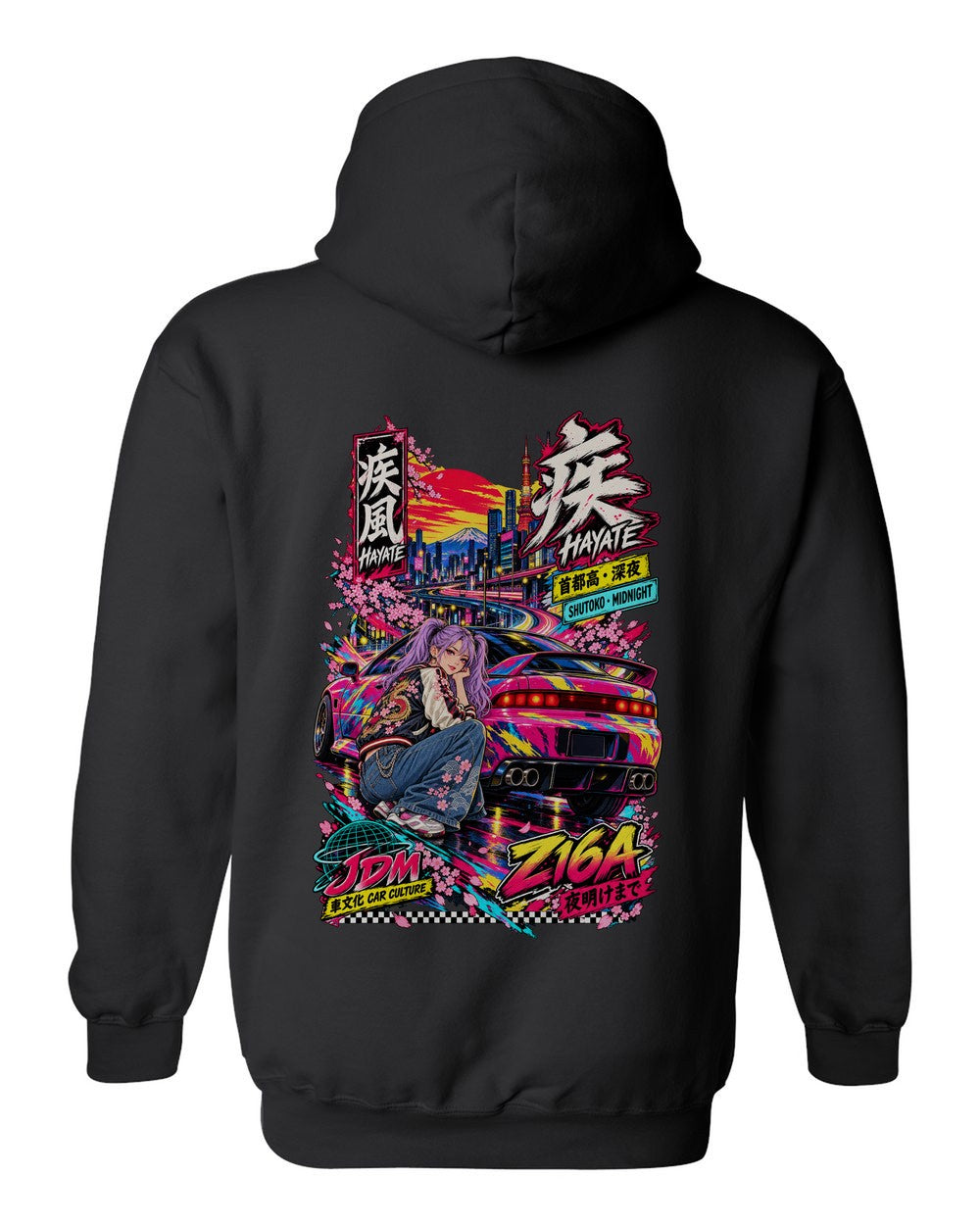 HAYATE Z16A full-back artwork black pull over hoodie back view with the design