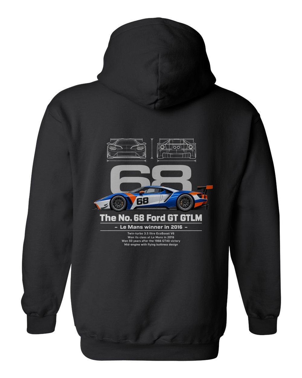 No. 68 Ford GT GTLM black pull over hoodie back view with the design
