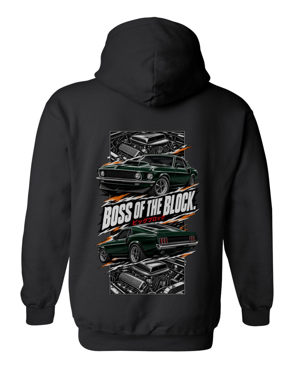 Ford Mustang Boss 429 torn poster black pull over hoodie back view with the design