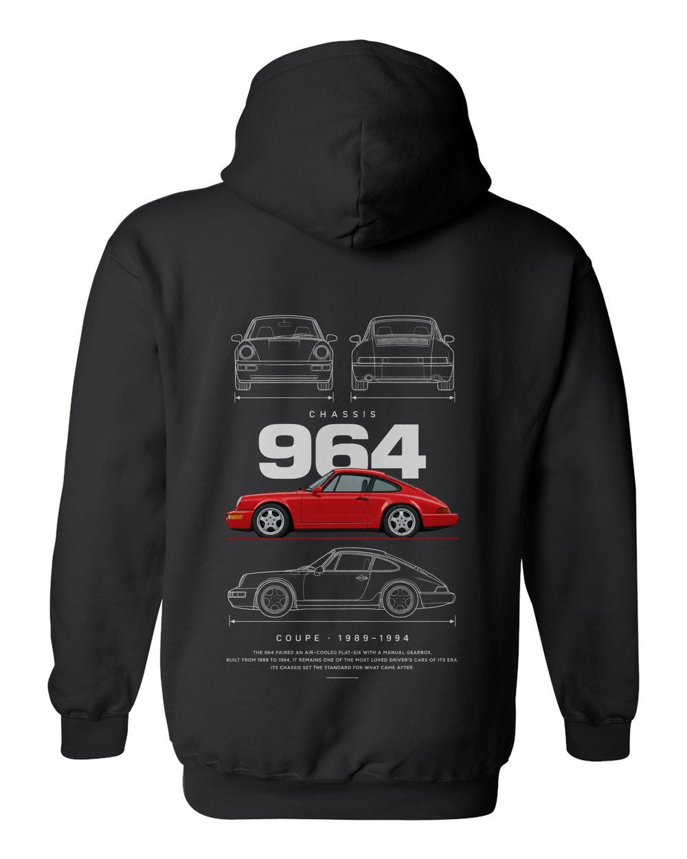 964 full-back artwork black pull over hoodie back view with the design