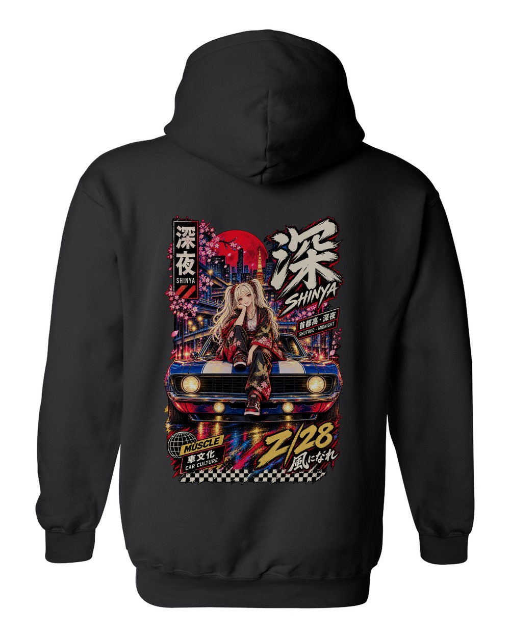 SHINYA Z/28 full-back artwork black pull over hoodie back view with the design