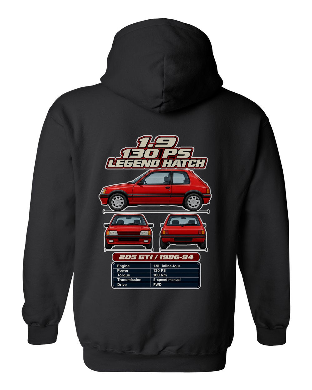 Peugeot 205 Gti 19 spec sheet black pull over hoodie back view with the design