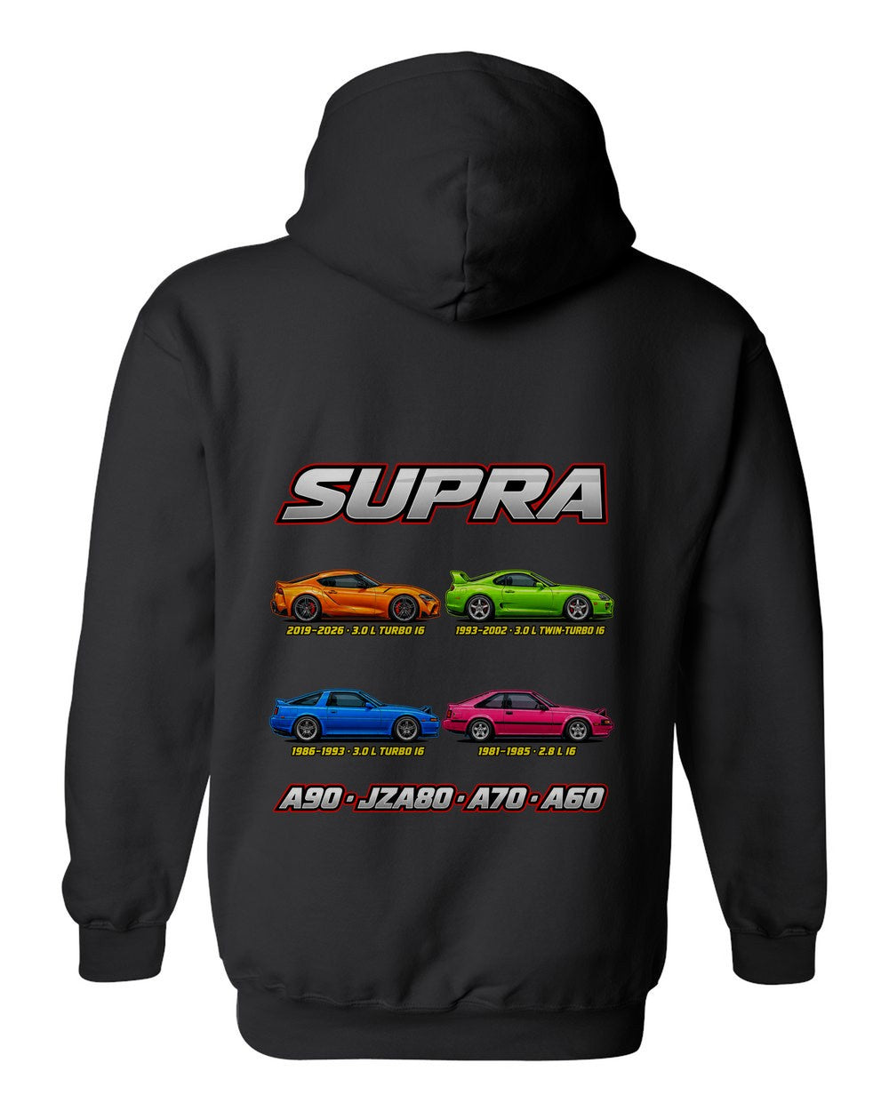 Toyota Supra evolution poster black pull over hoodie back view with the design