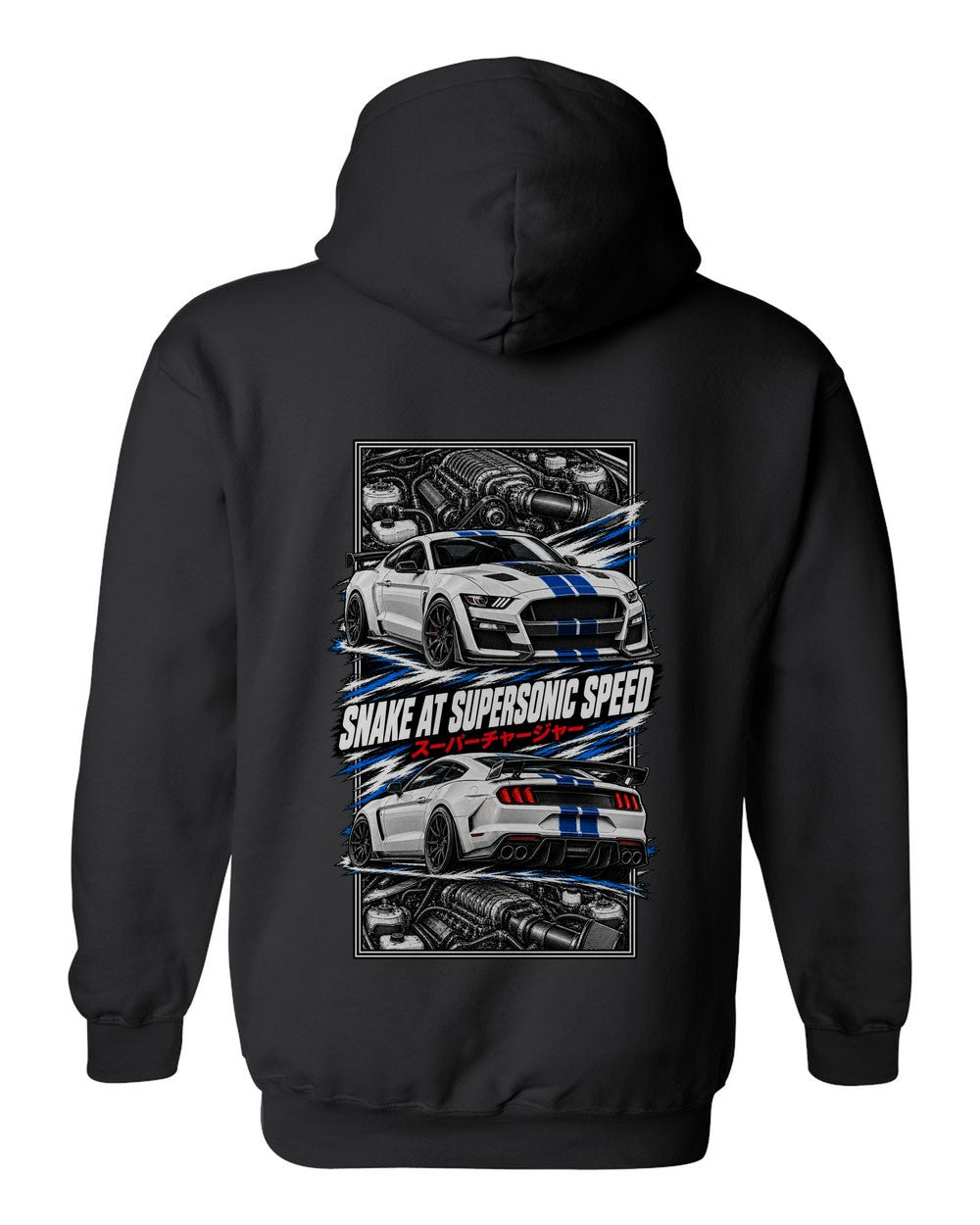 Shelby Gt500 torn poster black pull over hoodie back view with the design