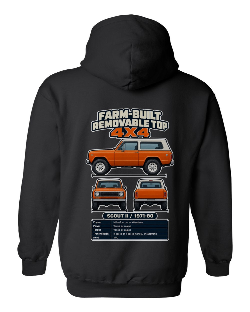 International Scout Ii spec sheet black pull over hoodie back view with the design