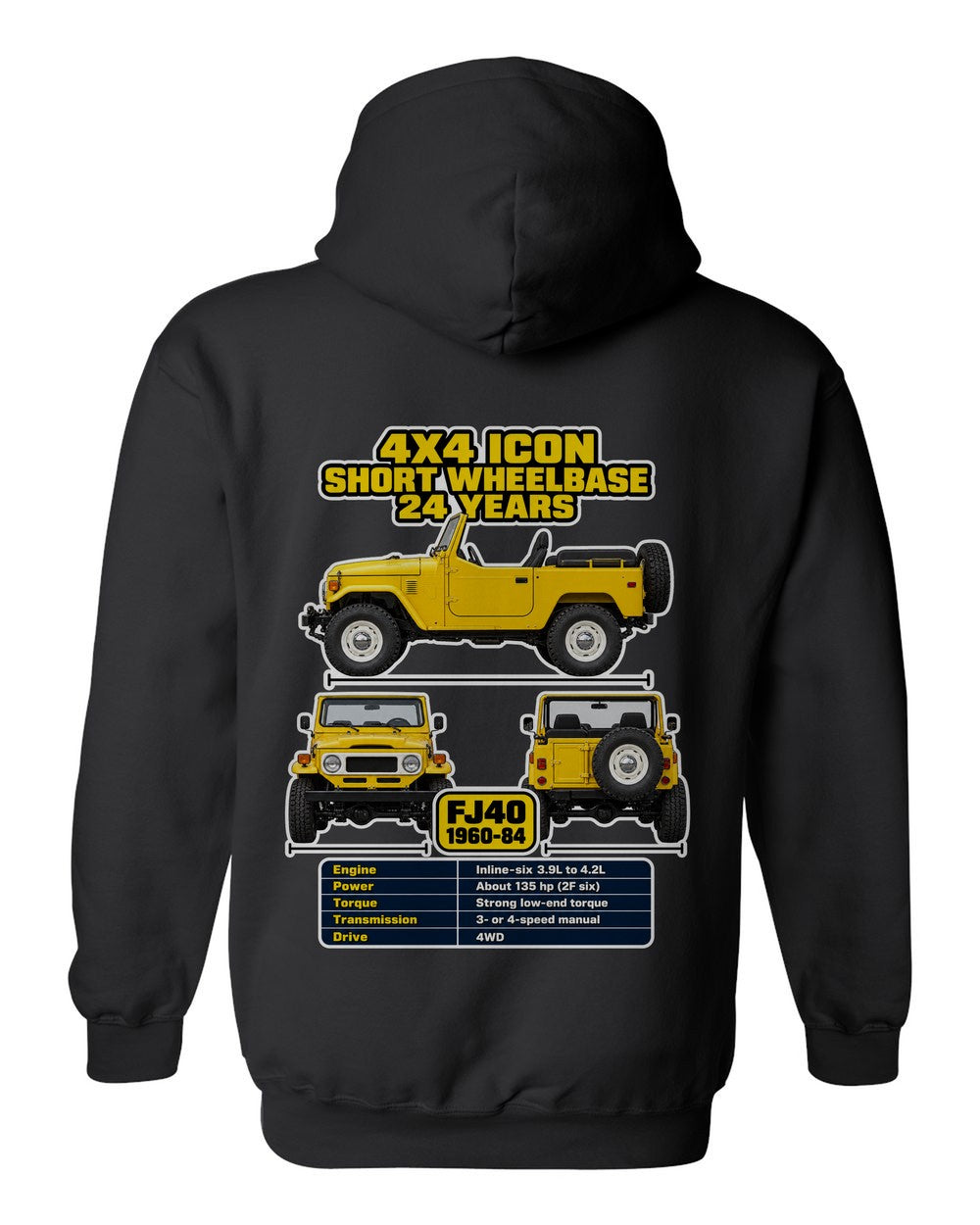 Toyota Fj40 spec sheet black pull over hoodie back view with the design