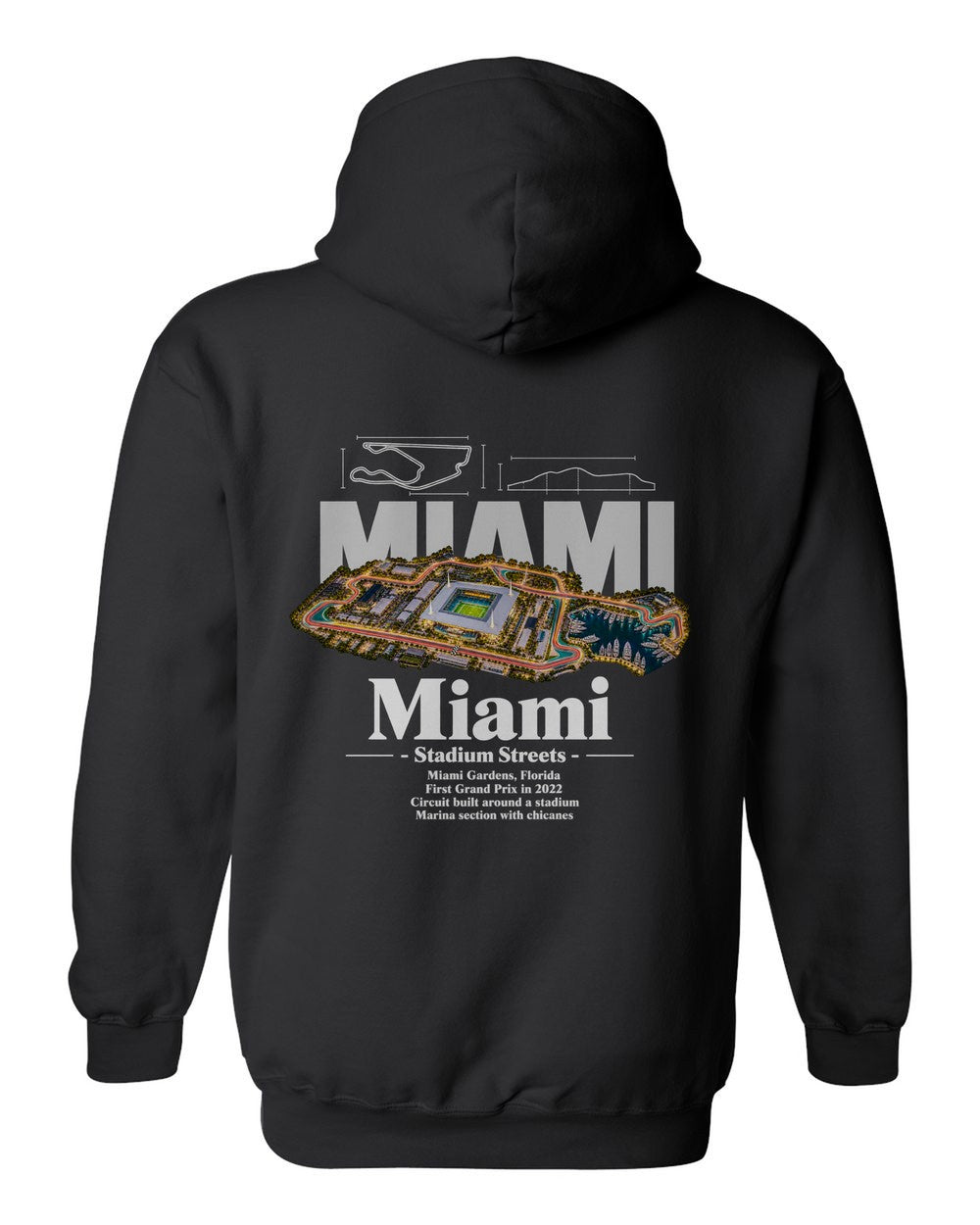 Miami black pull over hoodie back view with the design