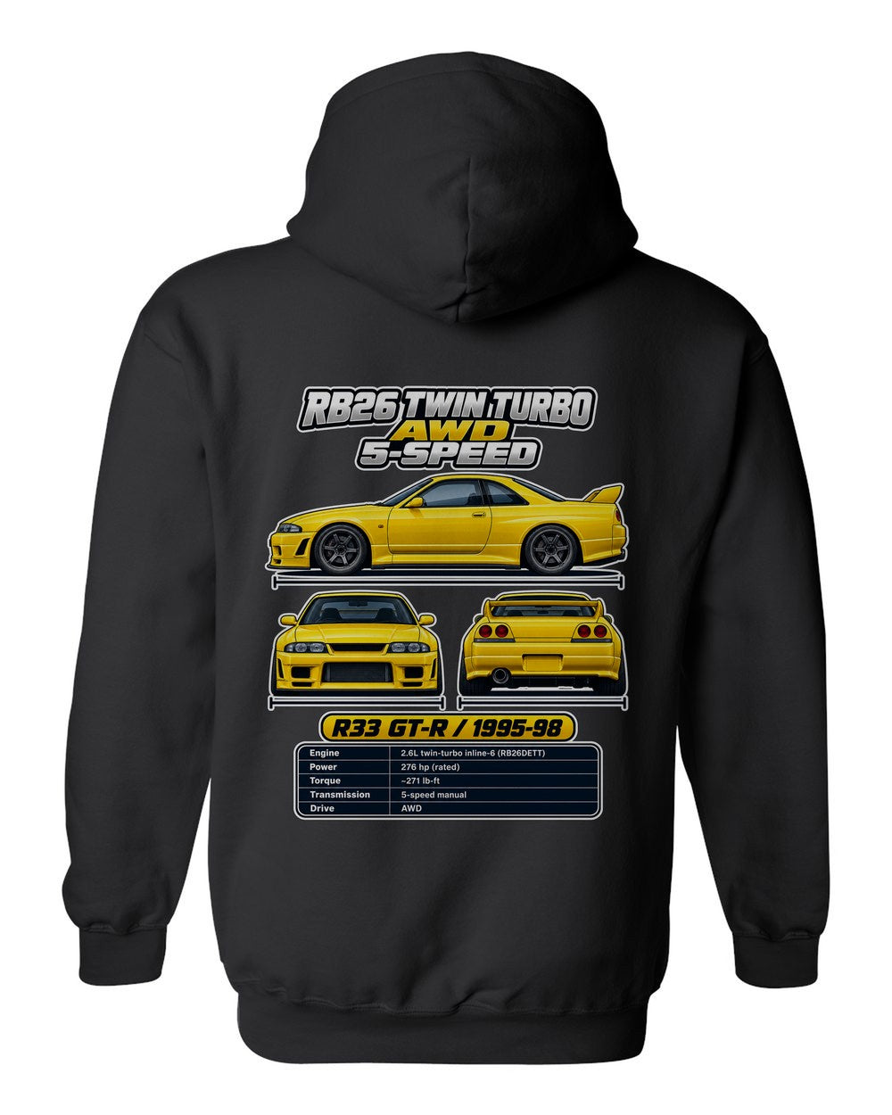 Nissan Skyline Gt R R33 spec sheet black pull over hoodie back view with the design