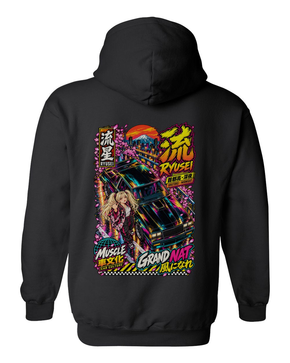 RYUSEI GRAND NAT full-back artwork black pull over hoodie back view with the design