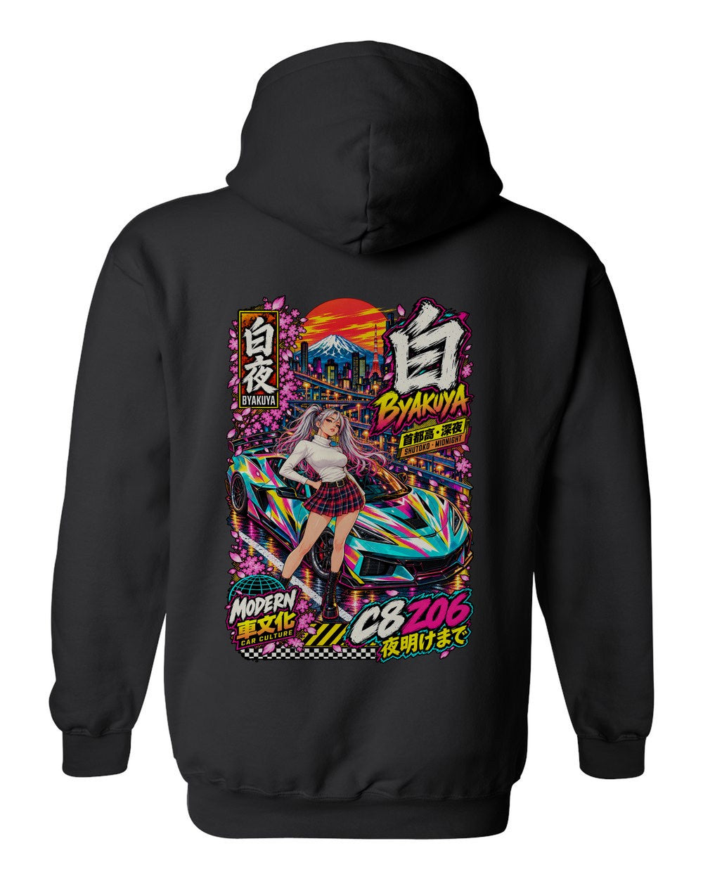 BYAKUYA C8 Z06 full-back artwork black pull over hoodie back view with the design