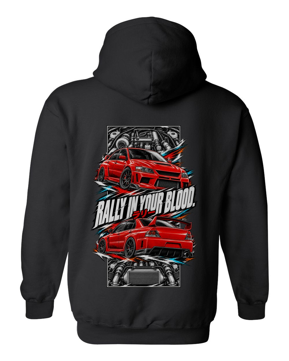 Mitsubishi Evo Ix torn poster black pull over hoodie back view with the design