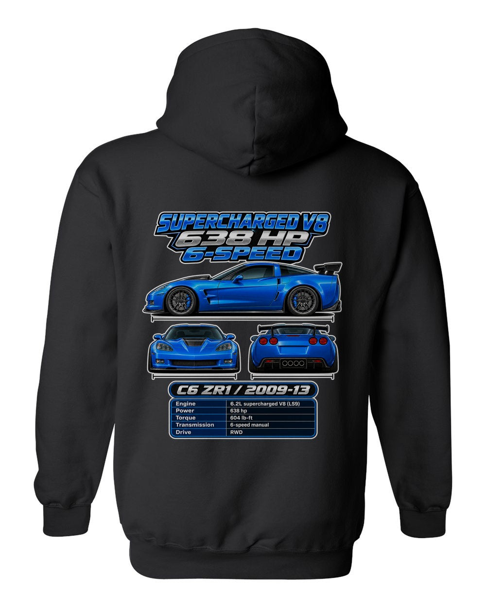 Chevrolet Corvette C6 Zr1 spec sheet black pull over hoodie back view with the design