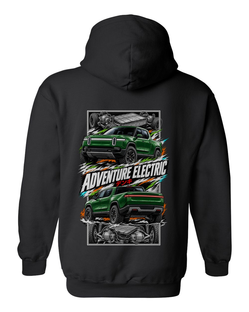 Rivian R1T torn poster black pull over hoodie back view with the design