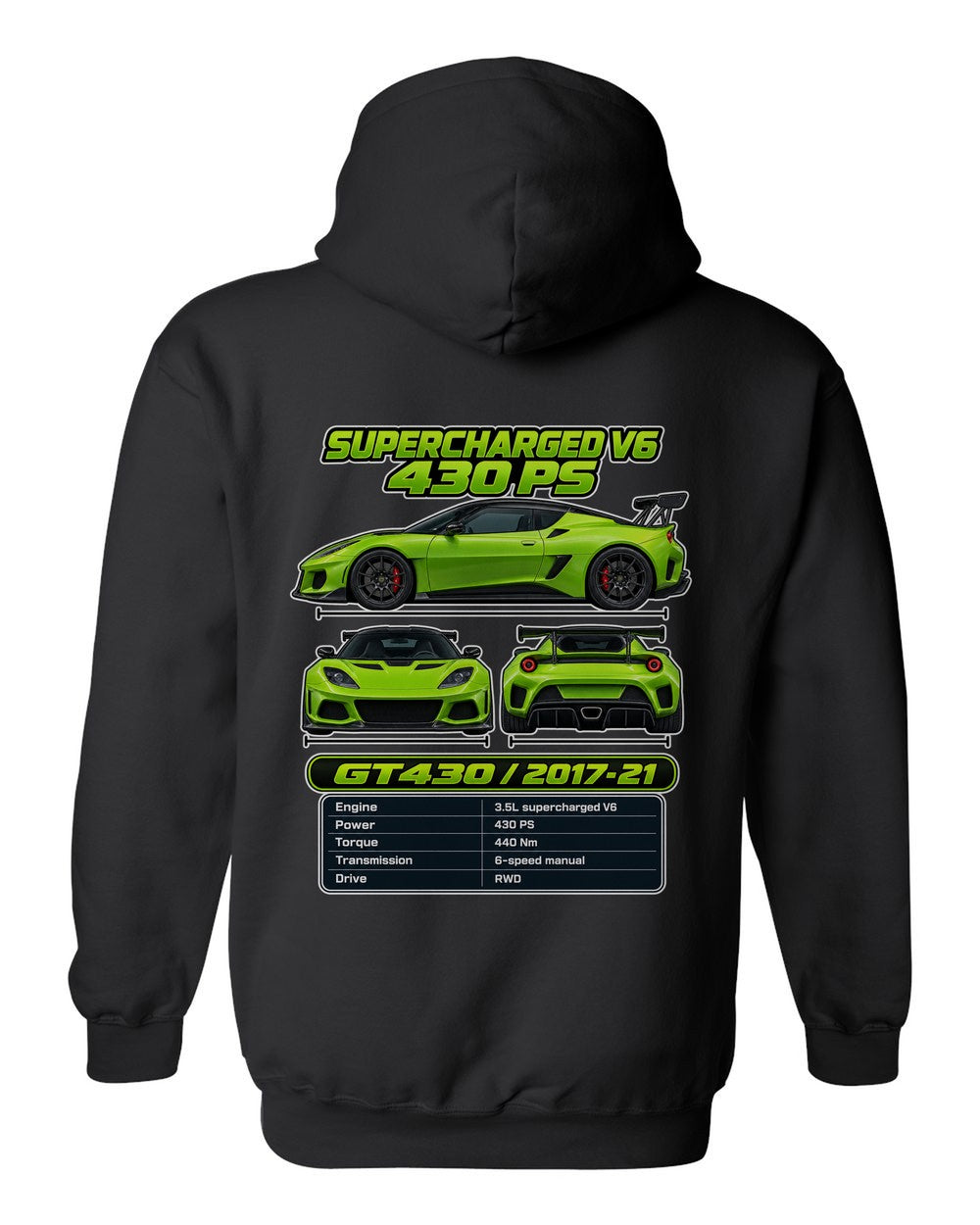 Lotus Evora Gt430 spec sheet black pull over hoodie back view with the design