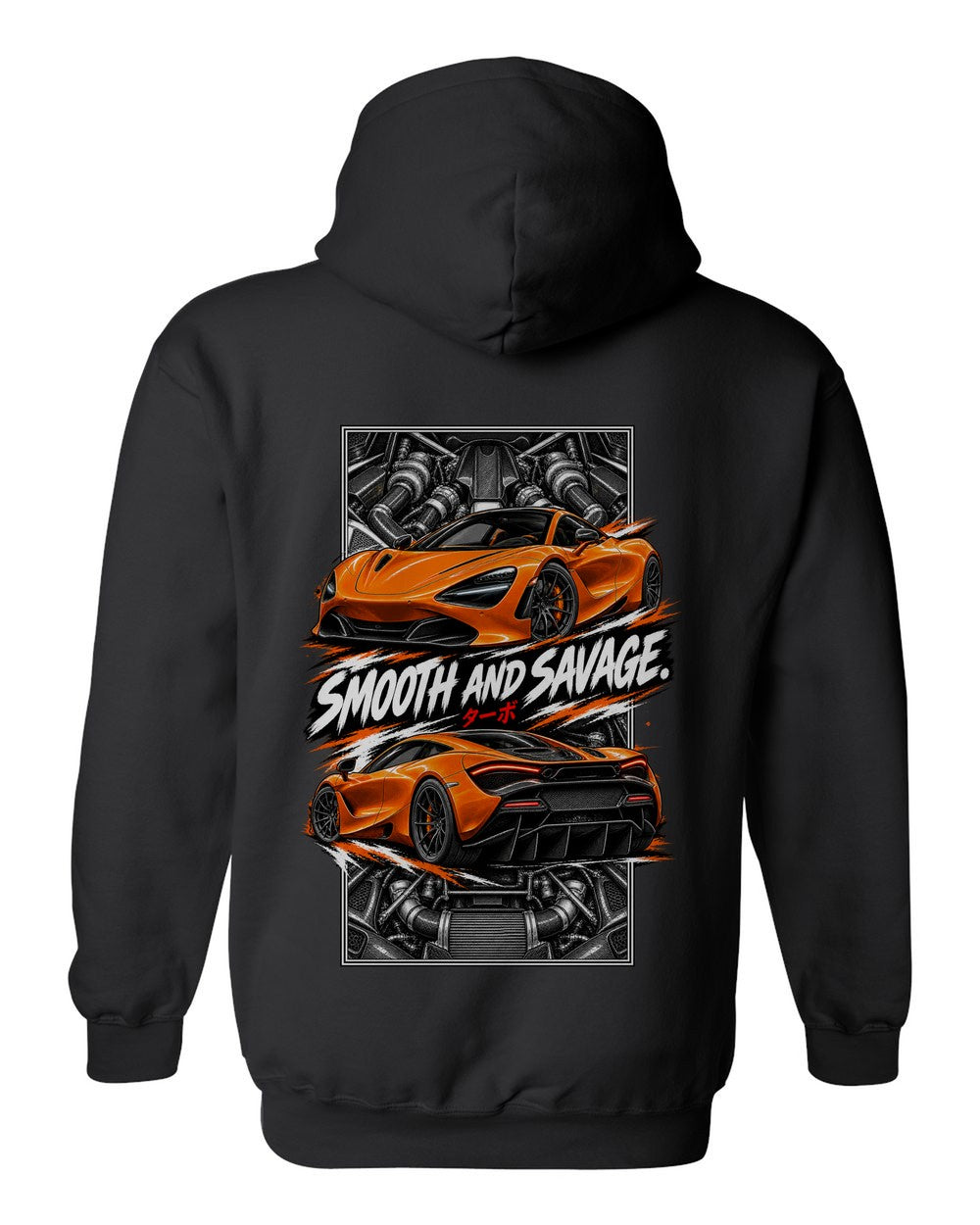 Mclaren 720S torn poster black pull over hoodie back view with the design