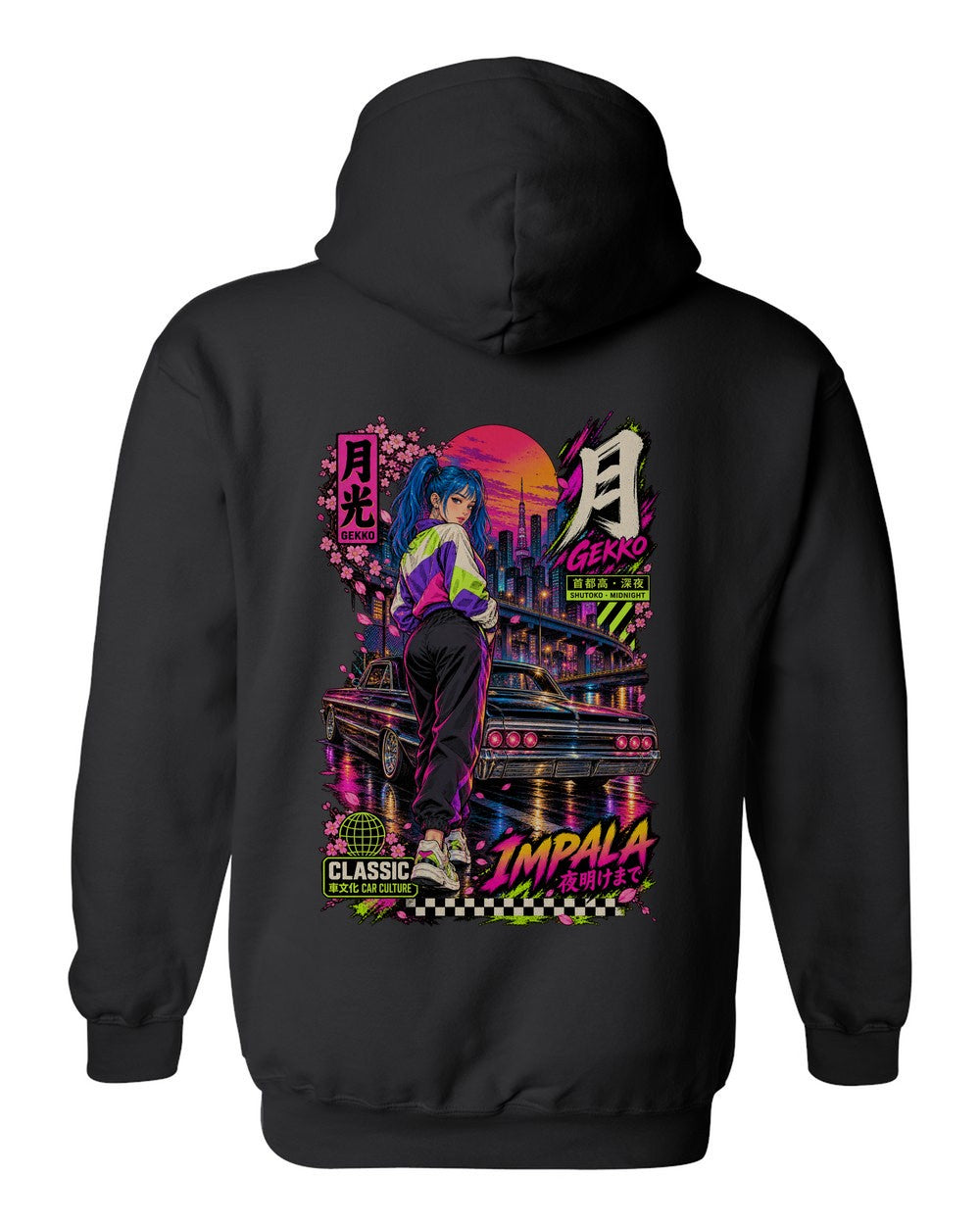 GEKKO IMPALA full-back artwork black pull over hoodie back view with the design