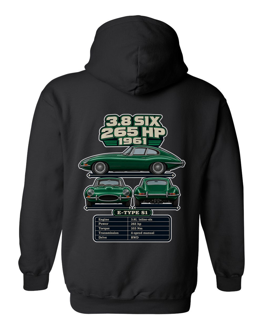 Jaguar E Type Series 1 spec sheet black pull over hoodie back view with the design