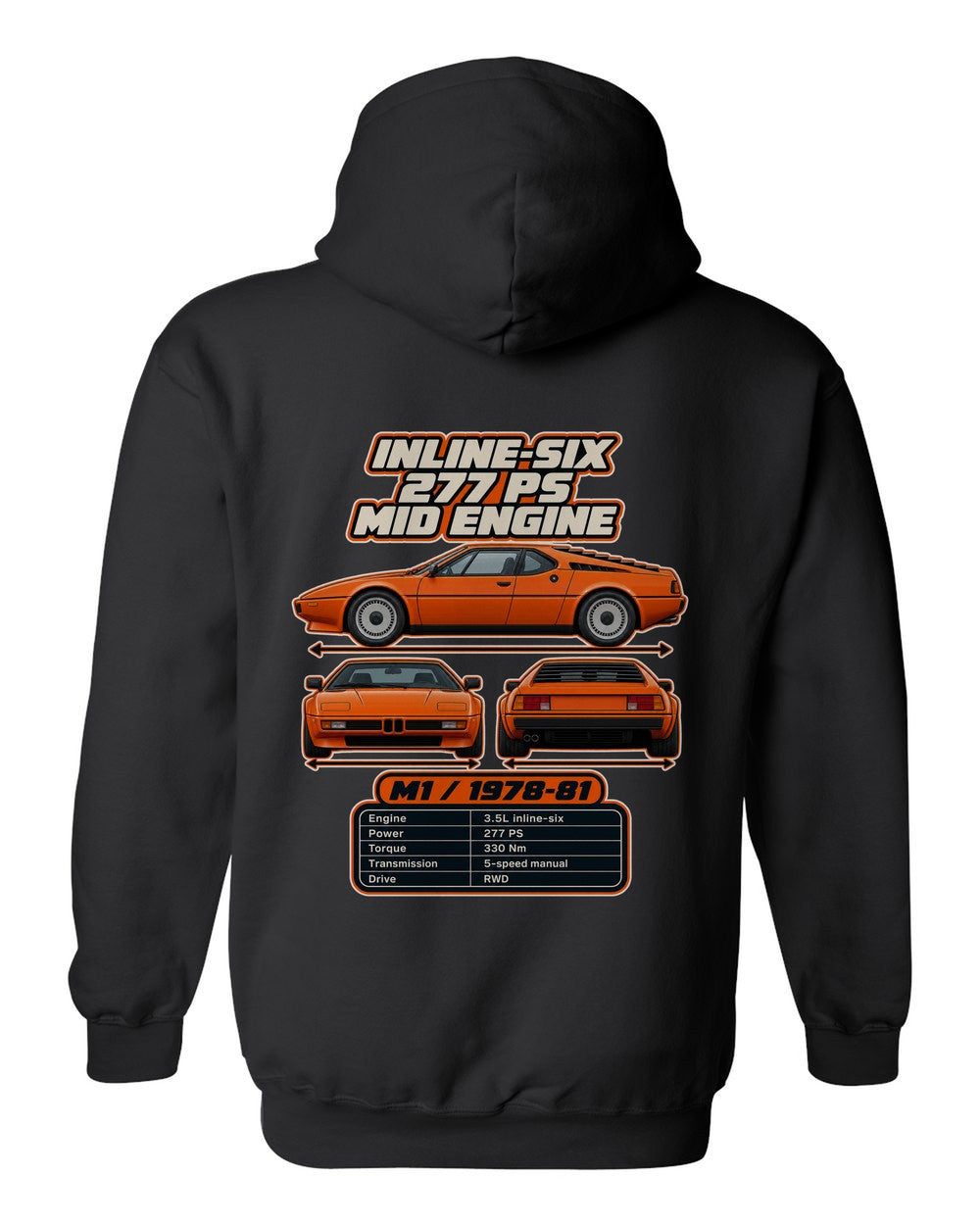 BMW M1 spec sheet black pull over hoodie back view with the design