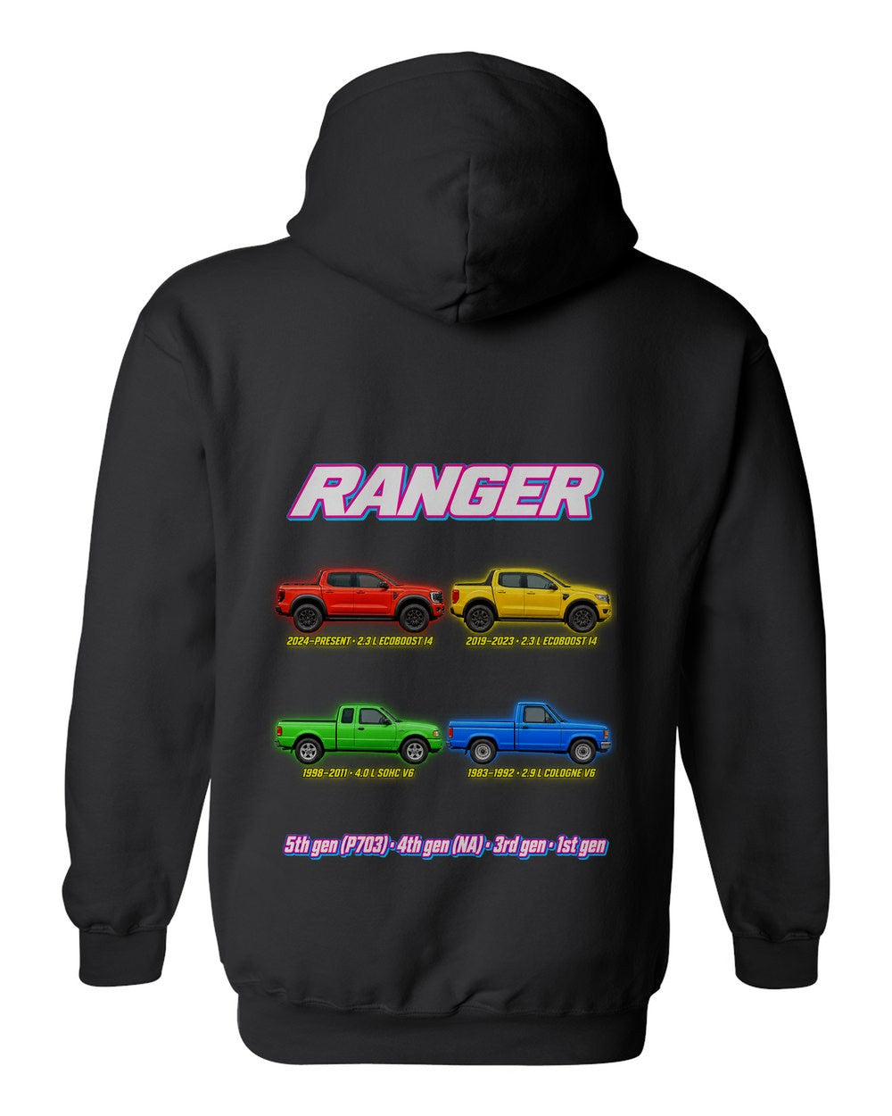 Ford Ranger evolution poster black pull over hoodie back view with the design