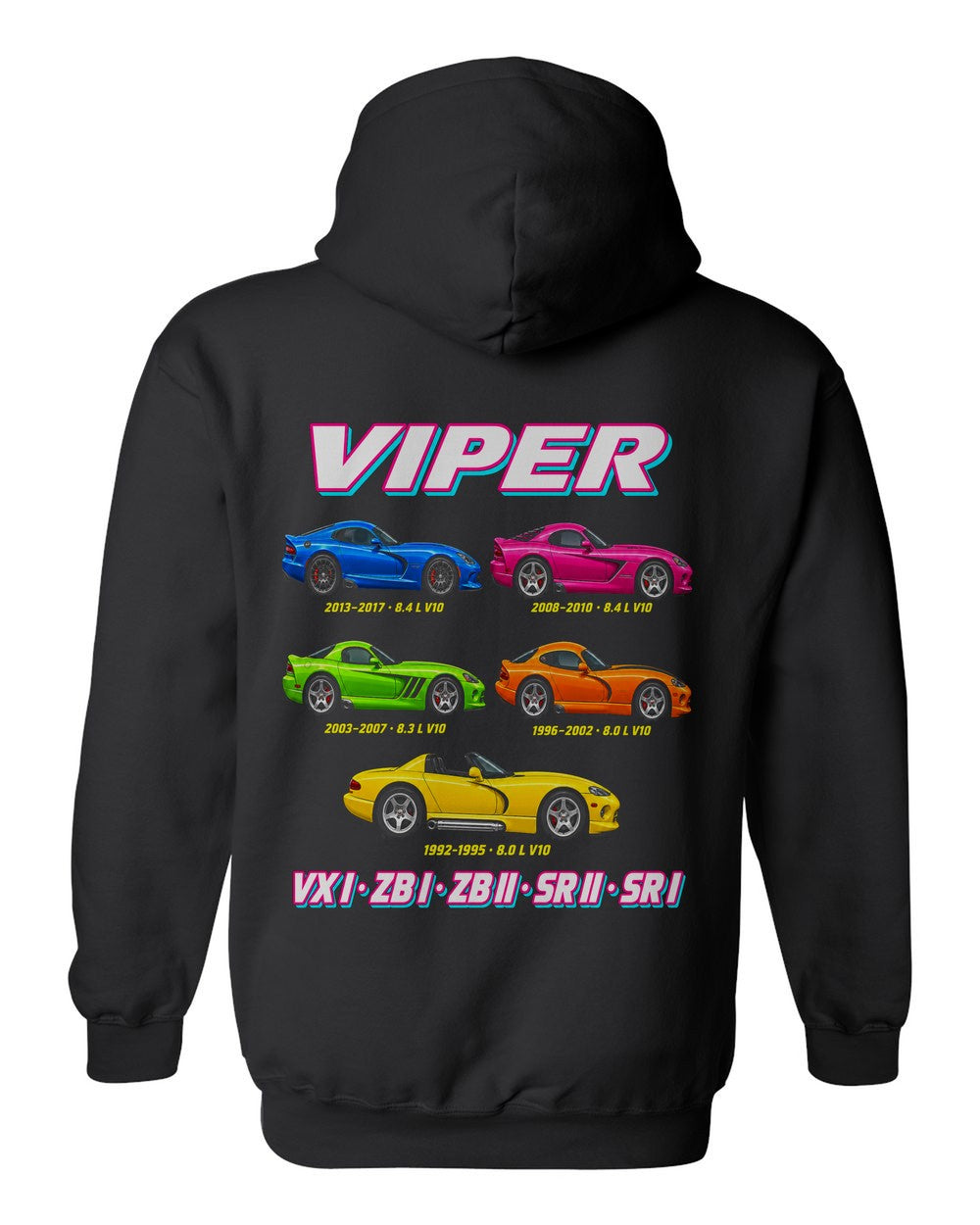 Dodge Viper evolution poster black pull over hoodie back view with the design