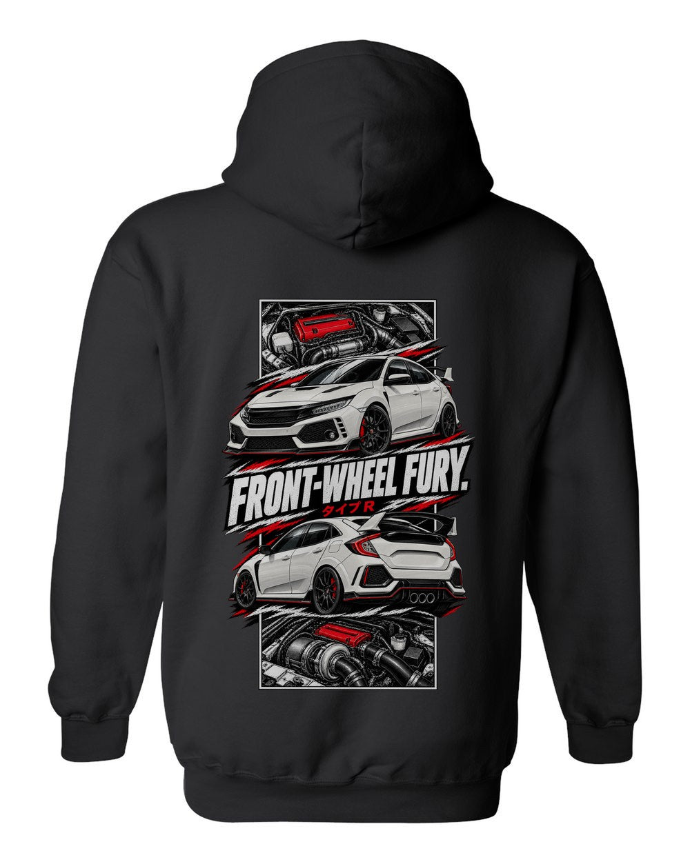 Honda Civic Fk8 torn poster black pull over hoodie back view with the design