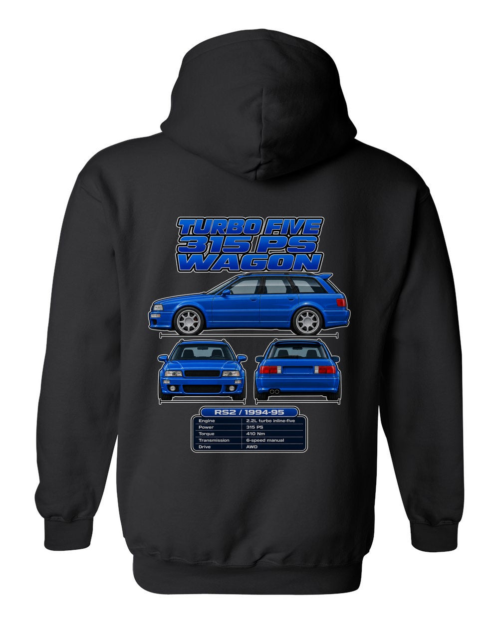 Audi Rs2 Avant spec sheet black pull over hoodie back view with the design