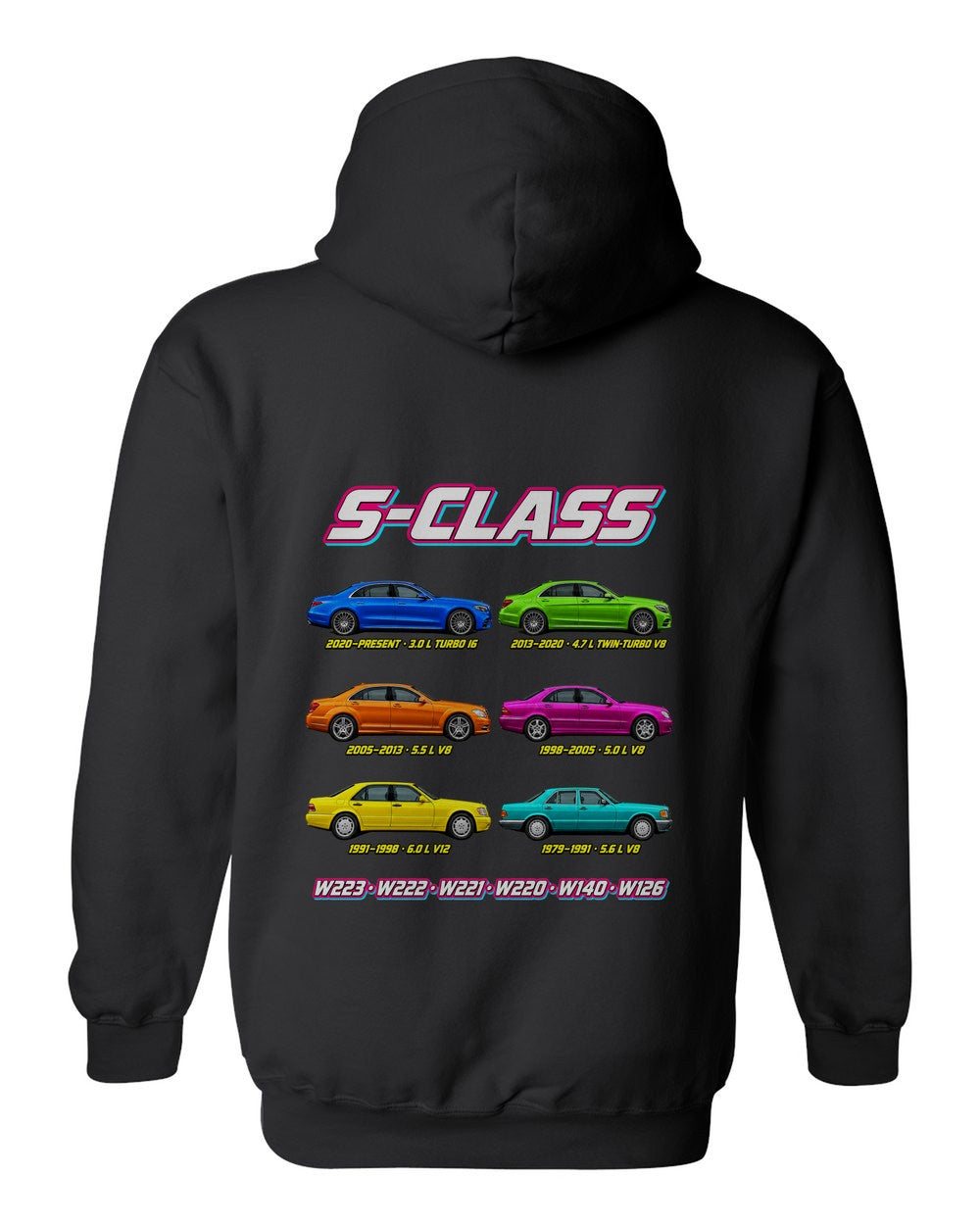 Mercedes S evolution poster black pull over hoodie back view with the design