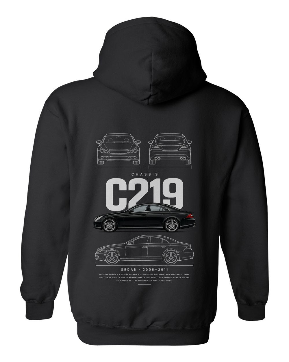 C219 full-back artwork black pull over hoodie back view with the design