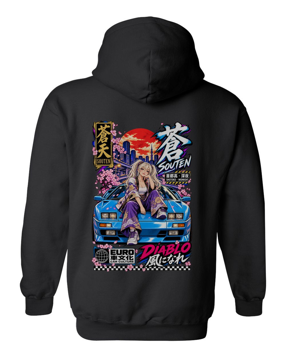 SOUTEN DIABLO full-back artwork black pull over hoodie back view with the design