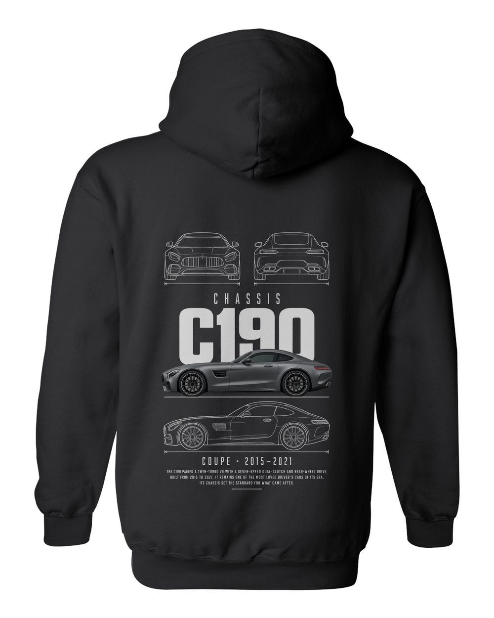 C190 full-back artwork black pull over hoodie back view with the design