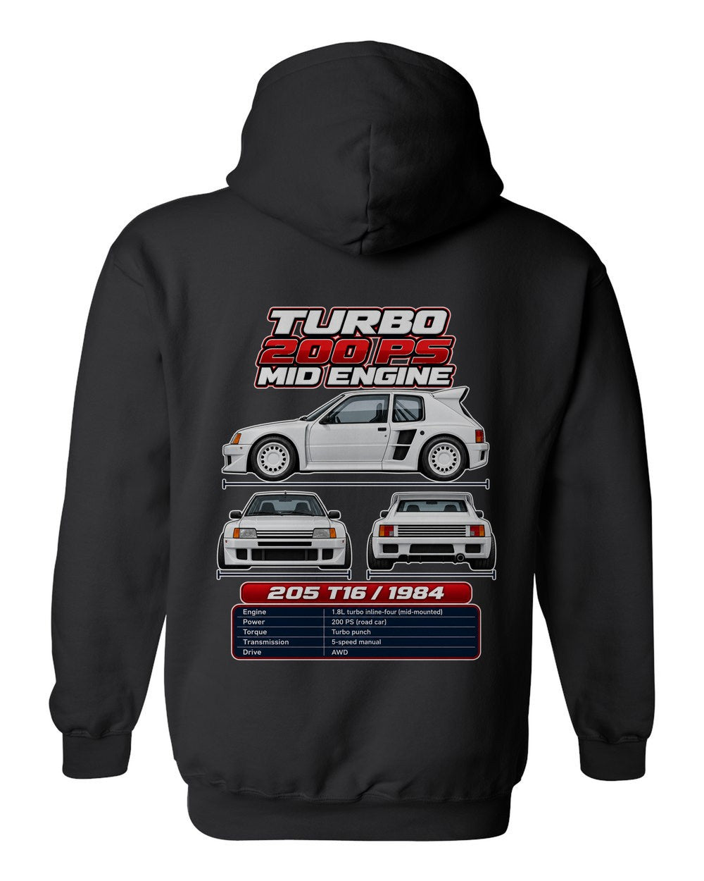 Peugeot 205 Turbo 16 spec sheet black pull over hoodie back view with the design