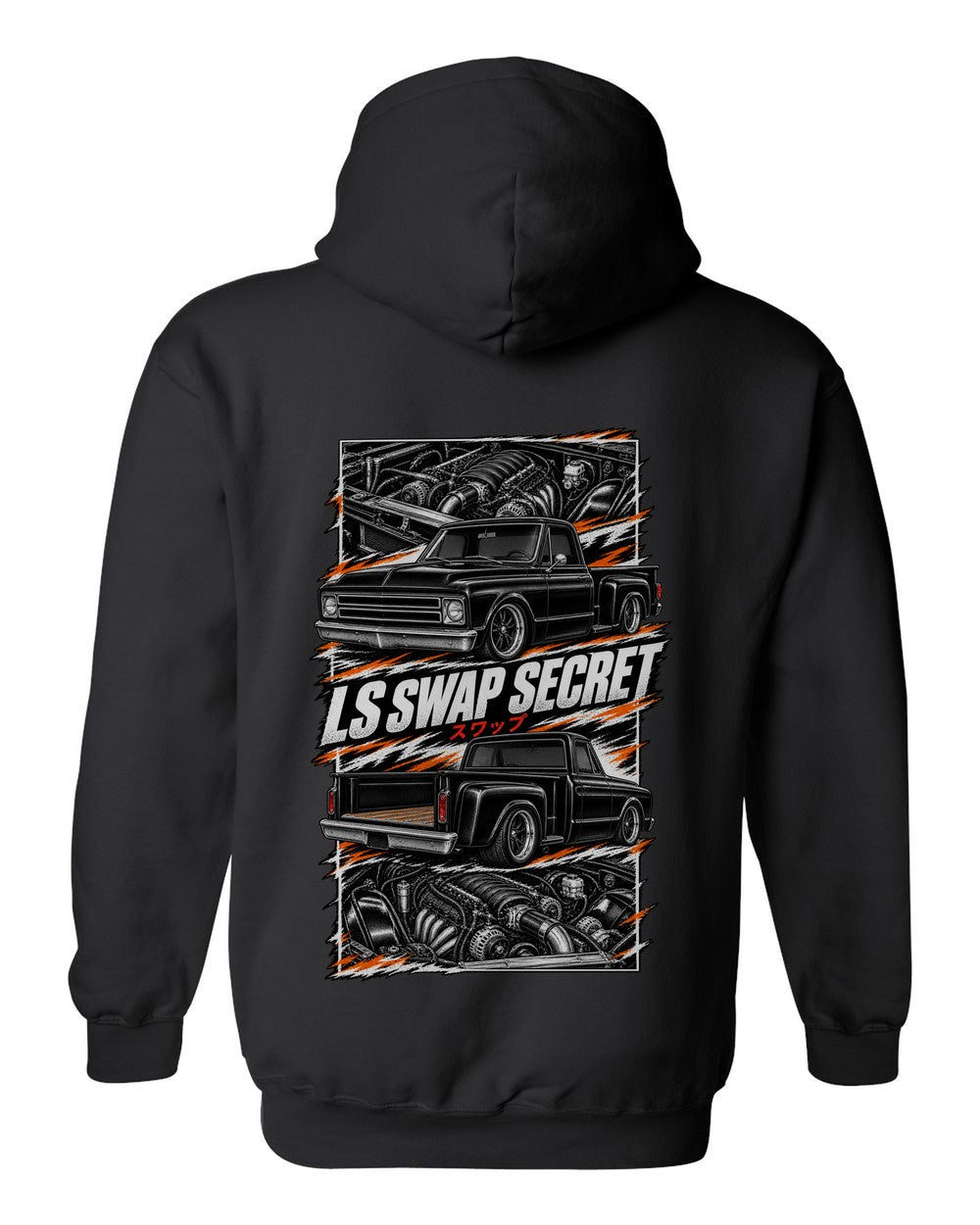 Chevy C10 LS Swap torn poster black pull over hoodie back view with the design