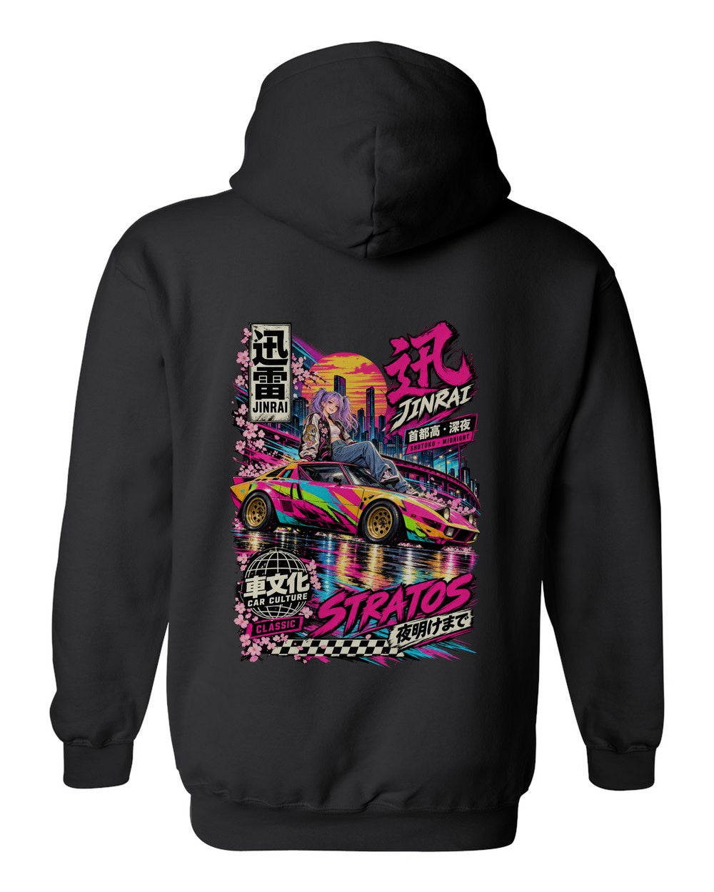 JINRAI STRATOS full-back artwork black pull over hoodie back view with the design