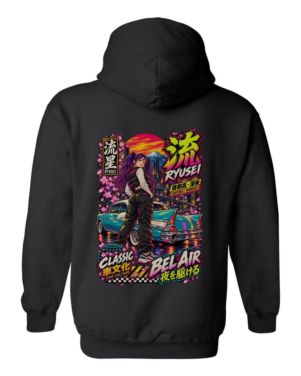 RYUSEI BEL AIR full-back artwork black pull over hoodie back view with the design