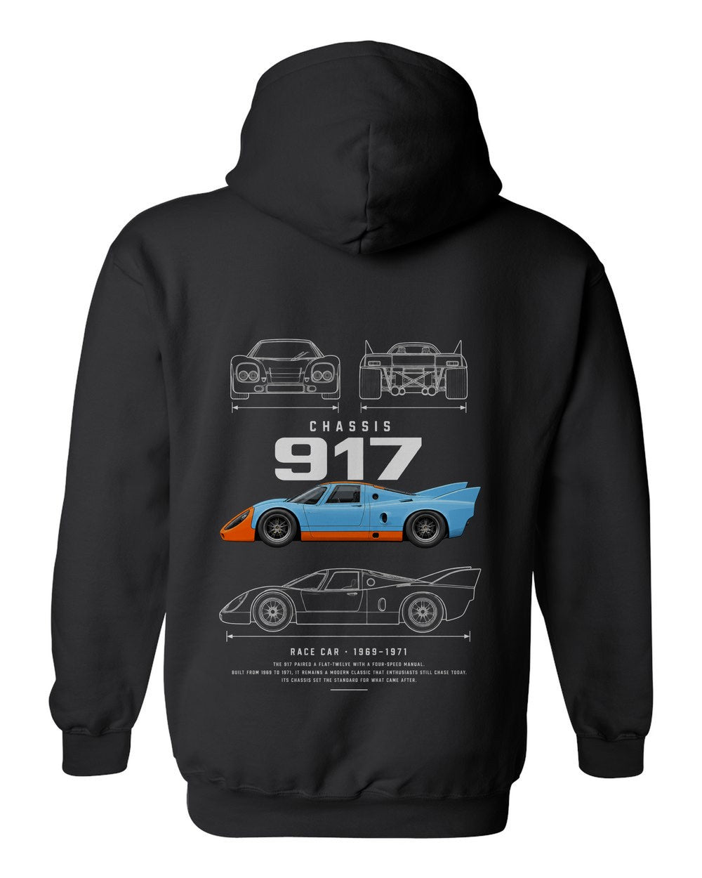 917 full-back artwork black pull over hoodie back view with the design