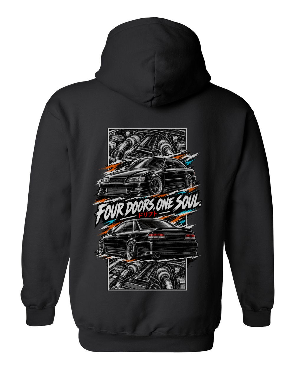 Toyota Chaser Jzx100 torn poster black pull over hoodie back view with the design