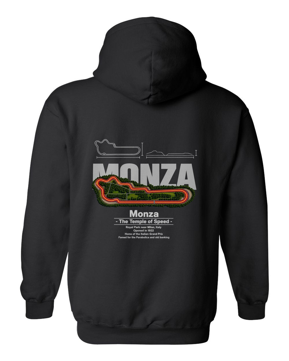 Monza black pull over hoodie back view with the design
